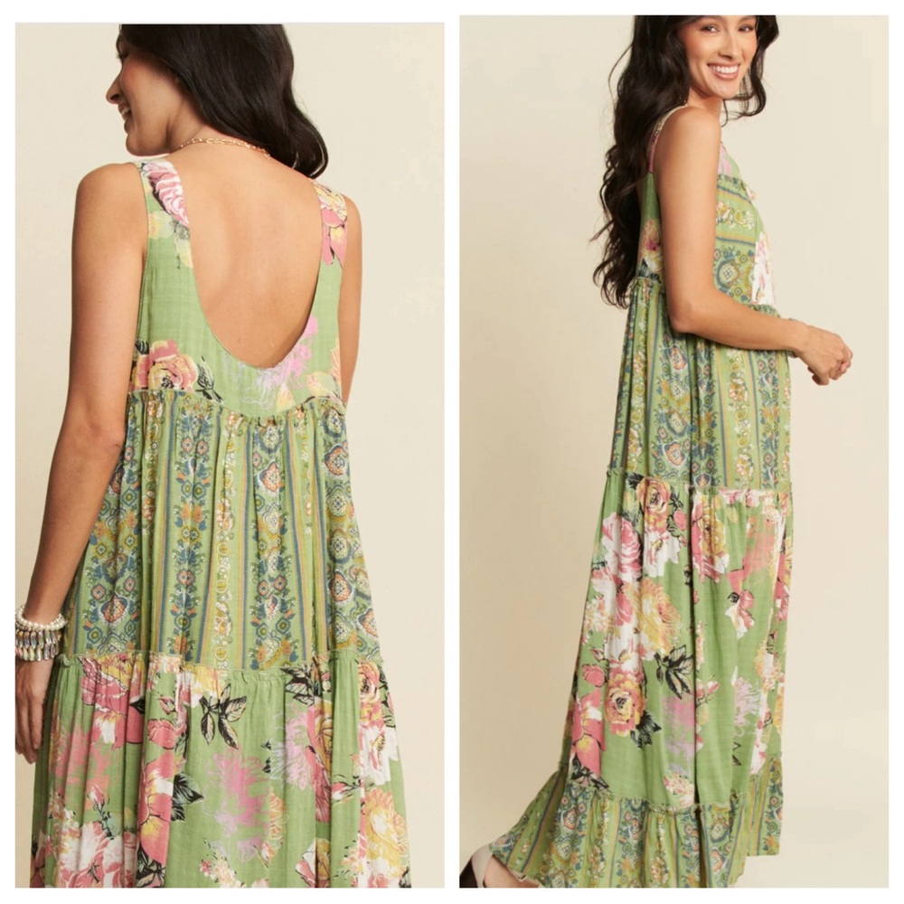 NWT Davi & Dani Vintage Print Tiered Maxi Dress Sage Green Medium Floral - Picture 4 of 16